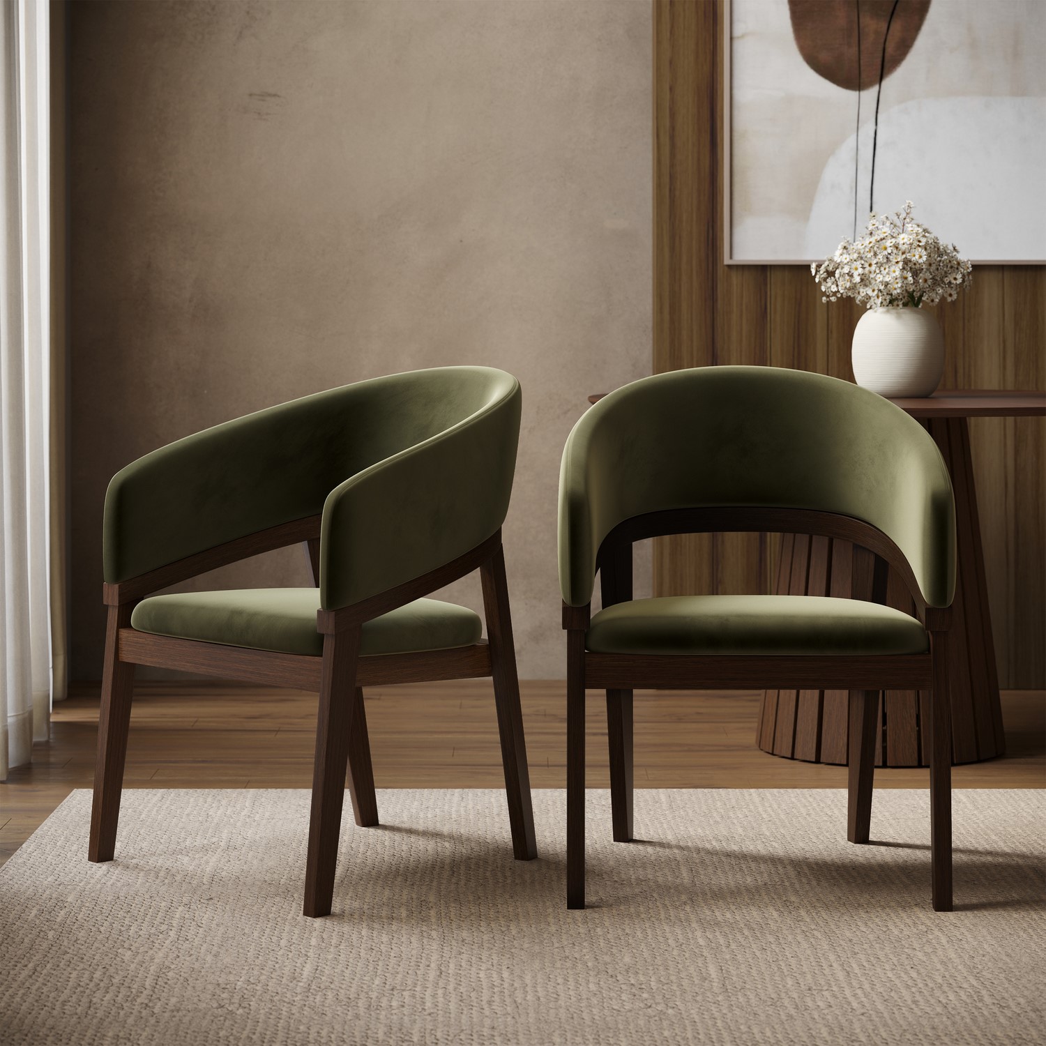 Owen Green Set Of 2 Walnut & Olive Velvet Curved Dining Chairs