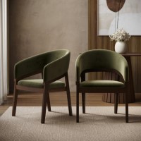 Set of 2 Walnut & Olive Green Velvet Curved Dining Chairs - Owen