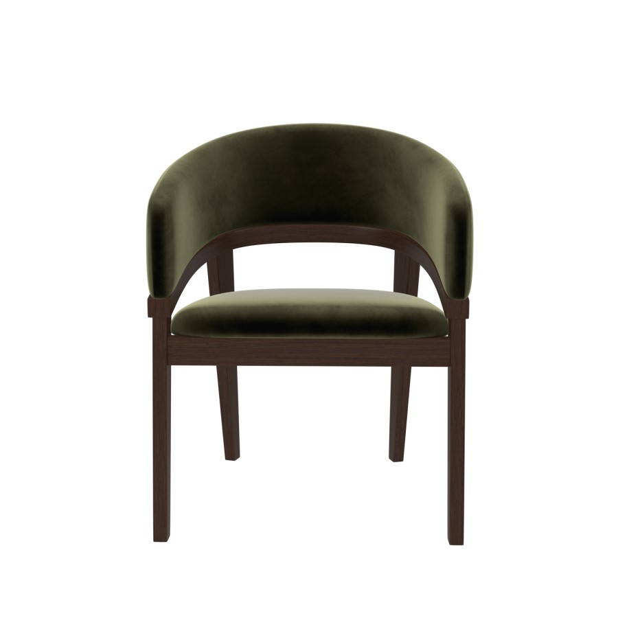 Set of 2 Walnut & Olive Green Velvet Curved Dining Chairs - Owen