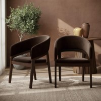Set of 2 Walnut & Brown Velvet Curved Dining Chairs - Owen