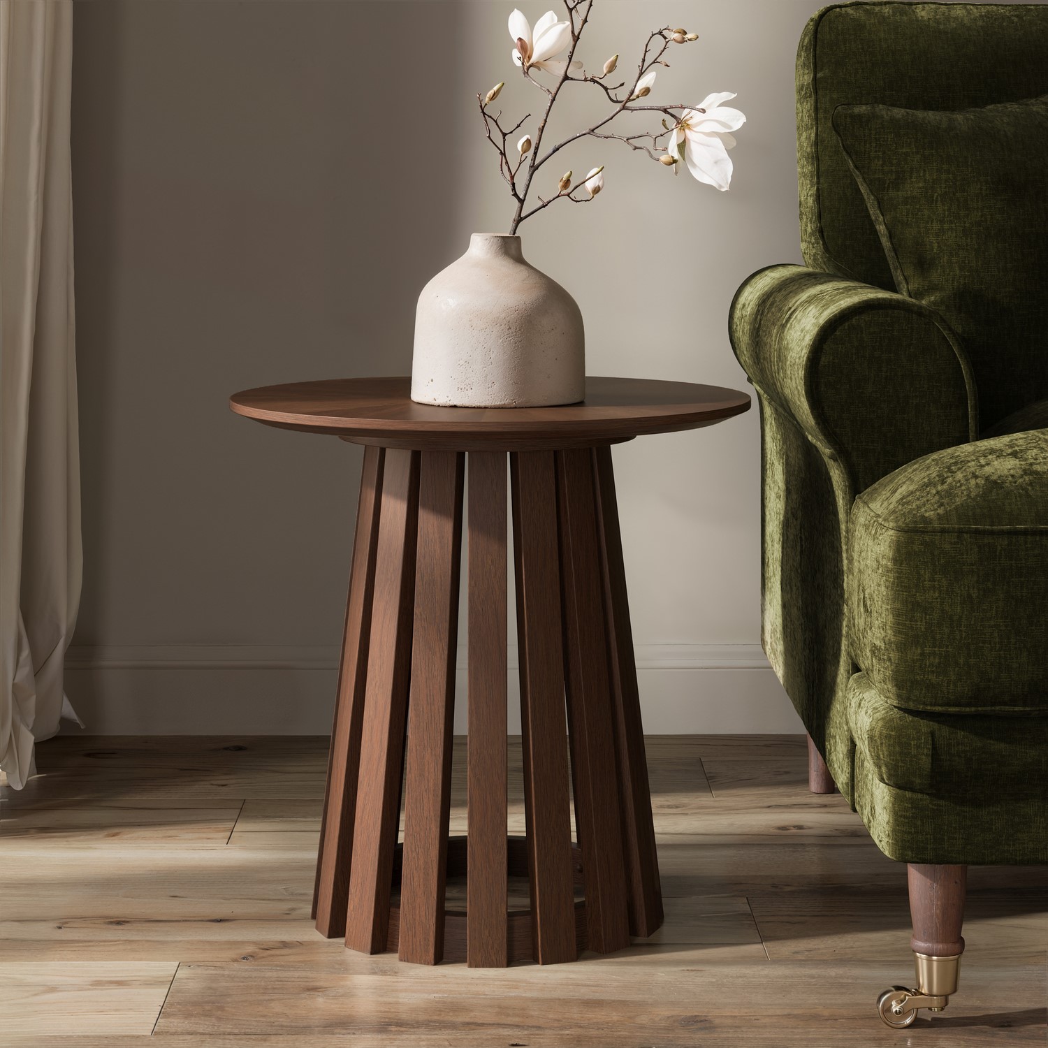 Round Walnut Pedestal Side Table