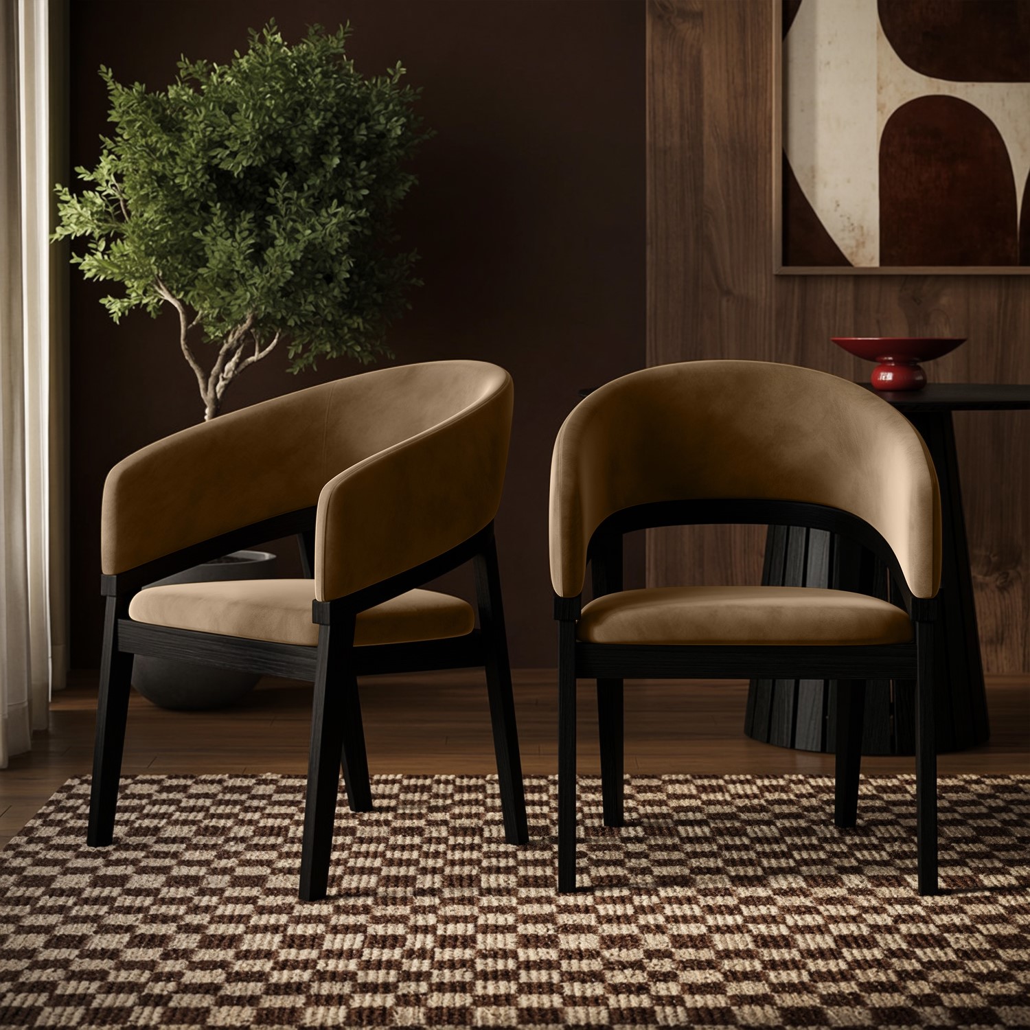 Set 2 Brown Velvet Curved Dining Chairs