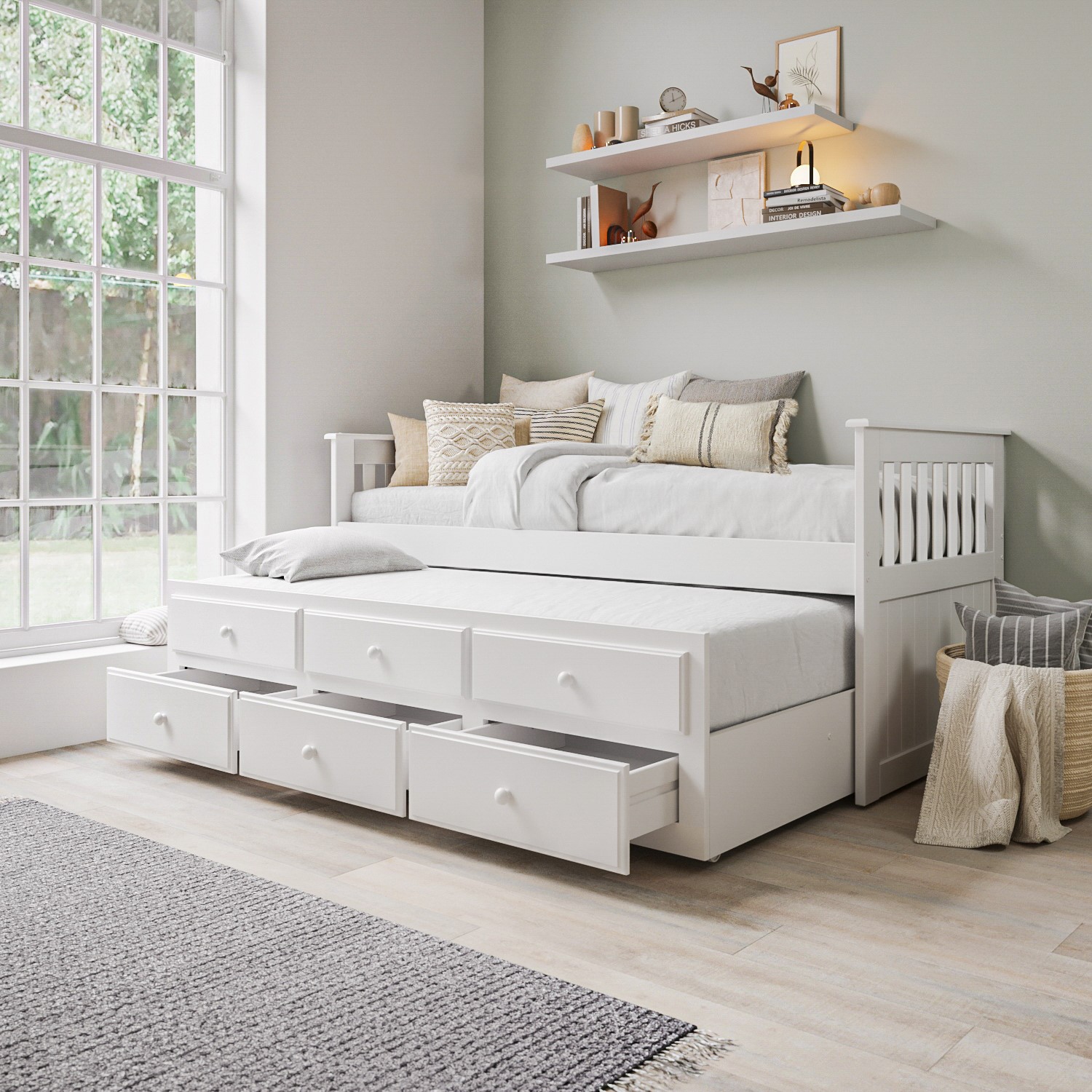 White Single Wooden Guest Bed with Storage Drawers and Trundle - Oxford OXF007B 5056096000566.0