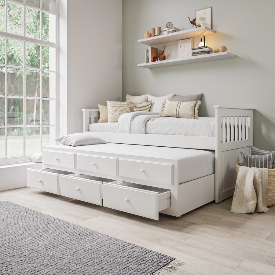 Single White Wooden Guest Bed with 3 Drawers and Trundle - Oxford