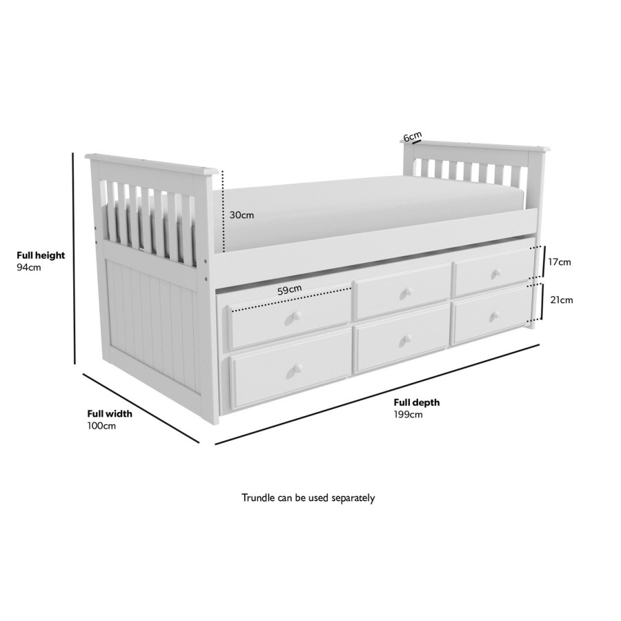 Single White Wooden Guest Bed with 3 Drawers and Trundle - Oxford