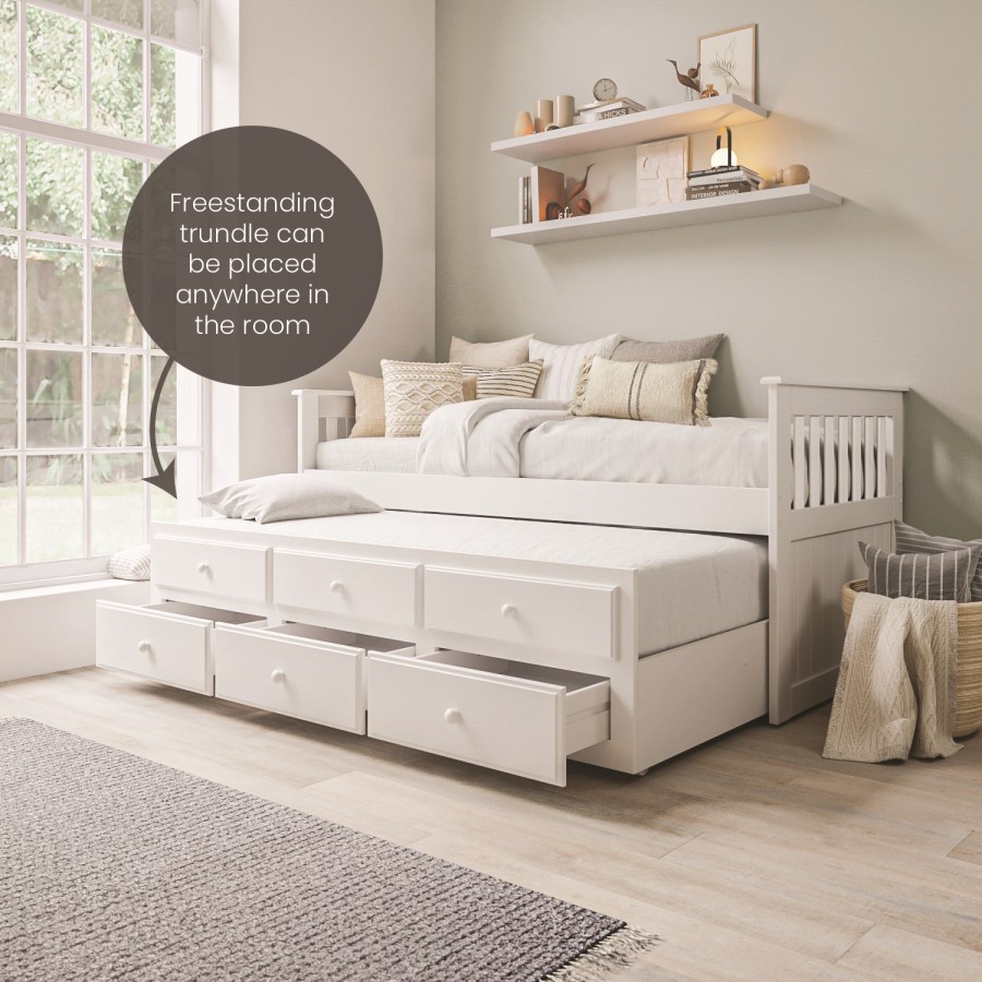 Single White Wooden Guest Bed with 3 Drawers and Trundle - Oxford