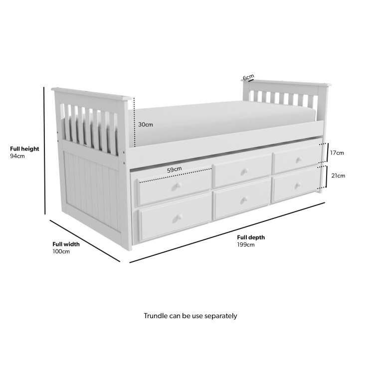 Single White Wooden Guest Bed with Storage and Trundle - Oxford