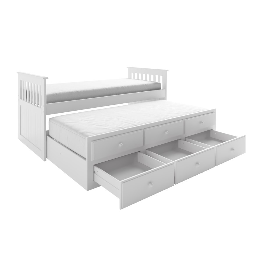 Single White Wooden Guest Bed with 3 Drawers and Trundle - Oxford