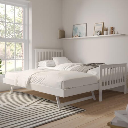 Single White Wooden Guest Bed with Trundle - Oxford - Furniture123