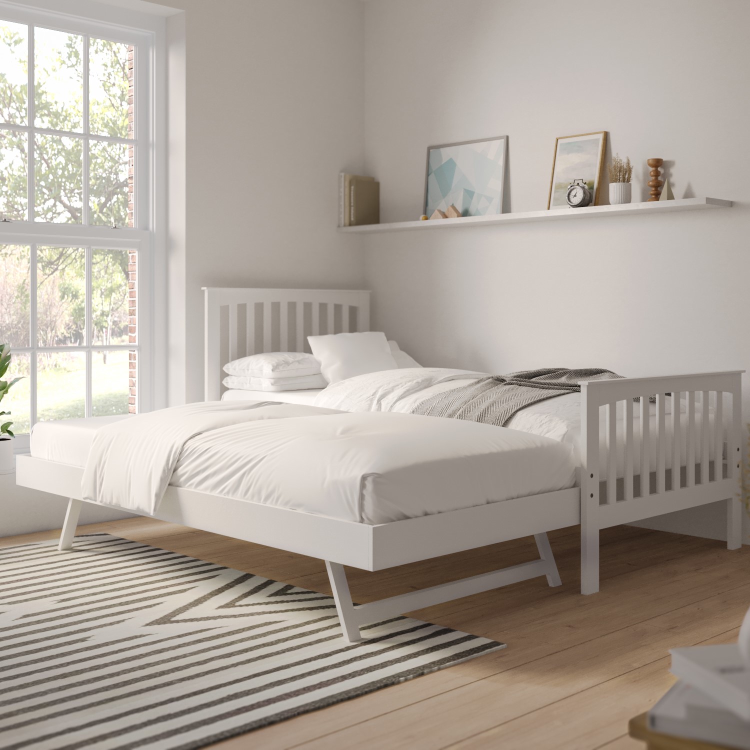 Single White Wooden Guest Bed with Trundle   Oxford