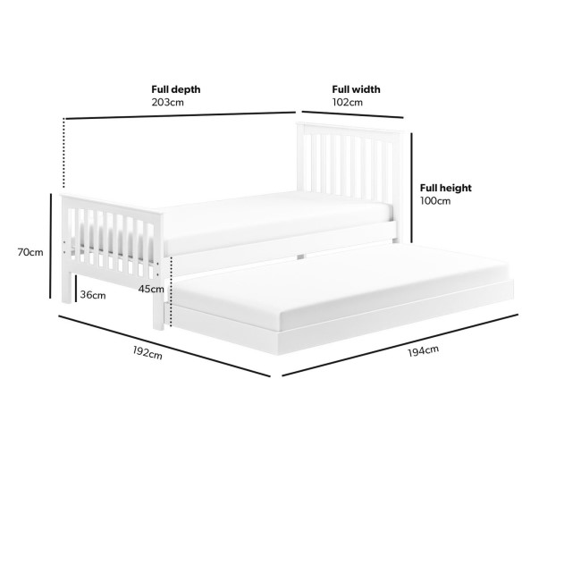 Single White Wooden Guest Bed with Trundle - Oxford