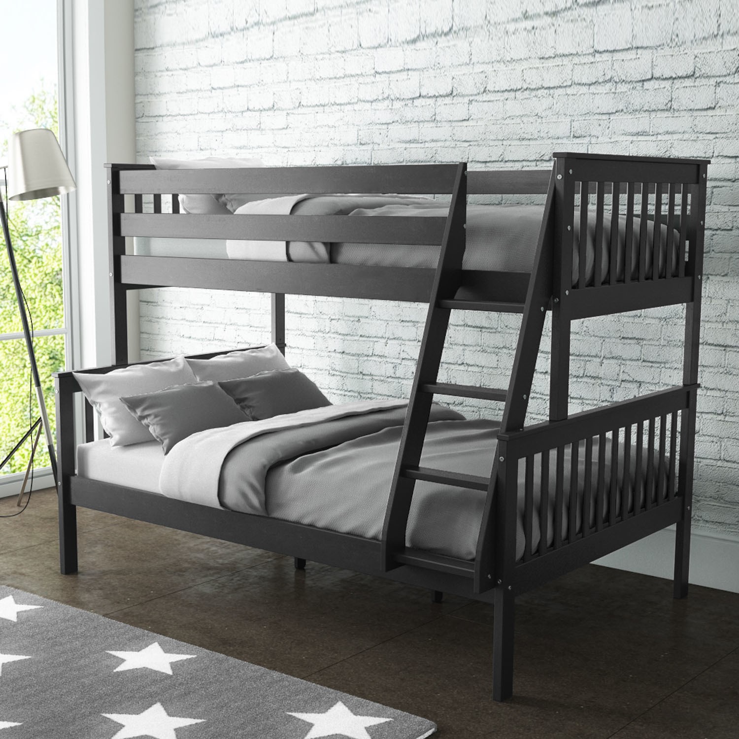 grey double bunk bed