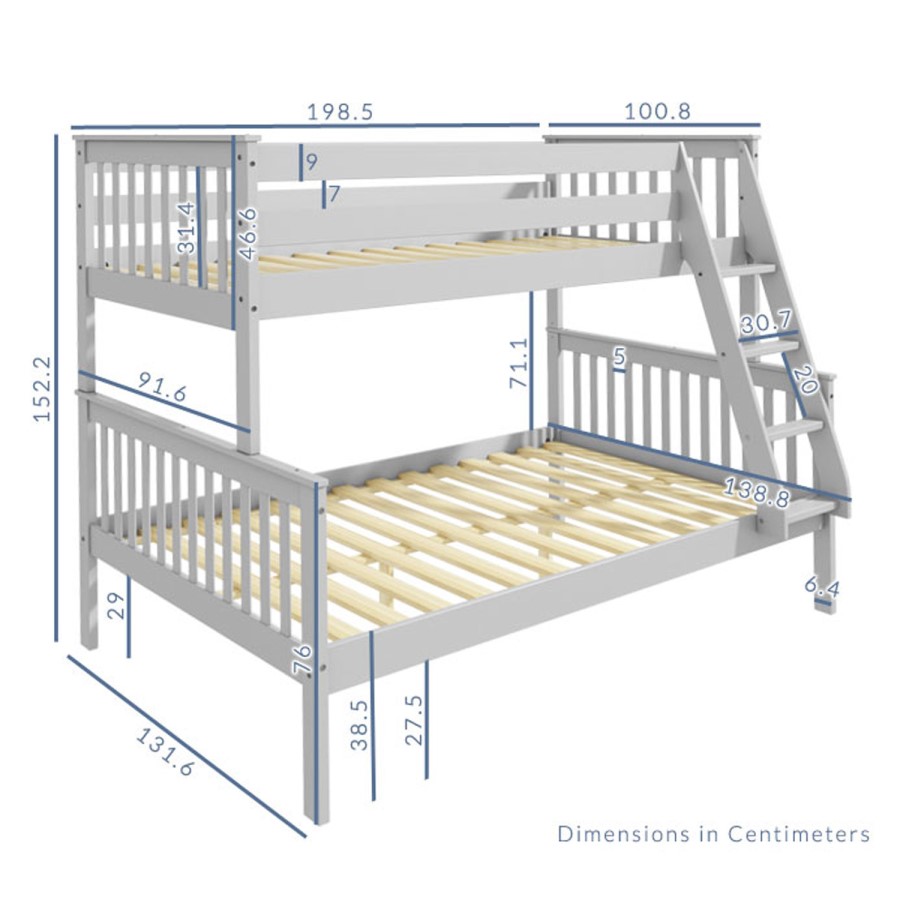 Oxford Triple Bunk Bed in Light Grey - Small Double