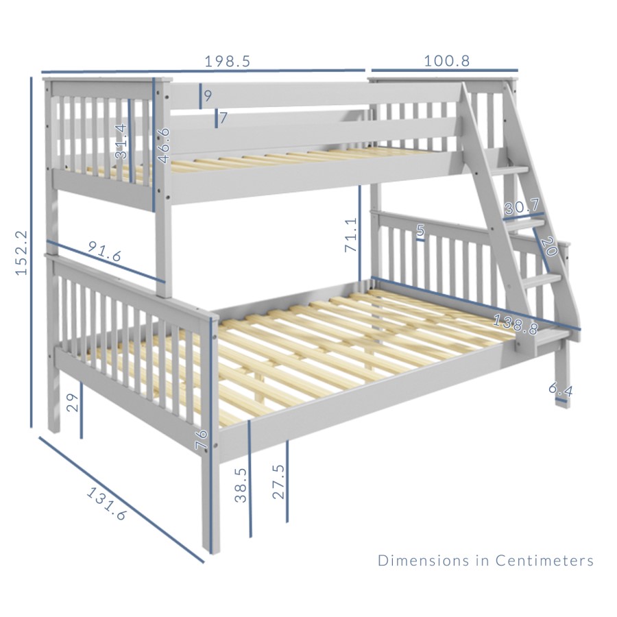 Oxford Triple Bunk Bed in Light Grey - Small Double