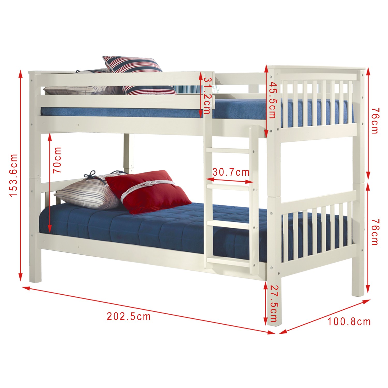 Oxford Single Bunk Bed In White, Bunk Bed Measurements Height