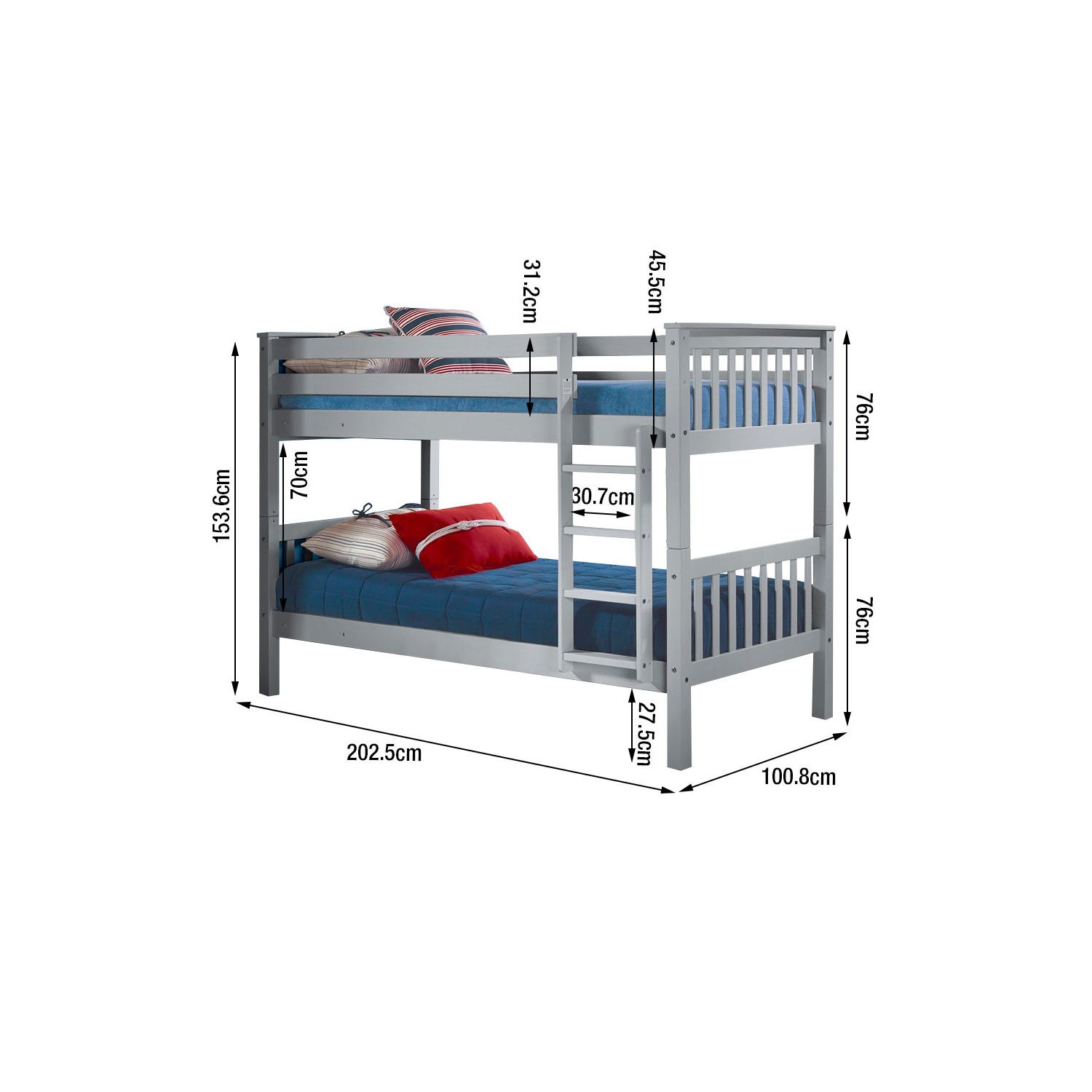 Oxford Single Bunk Bed In Light Grey, Single Bunk Bed Dimensions