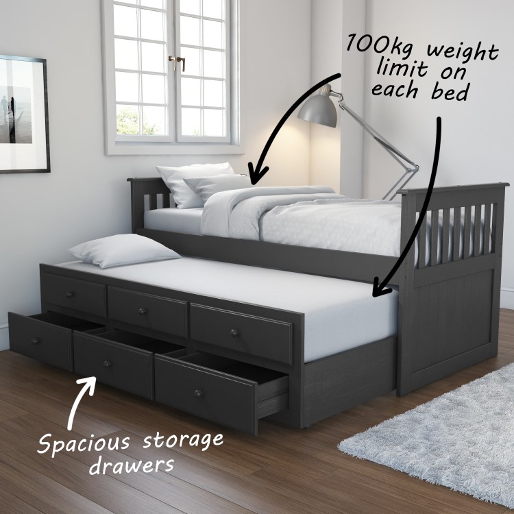 GRADE A2 - Oxford Captains Guest Bed with Storage in Dark Grey - Trundle Bed Included