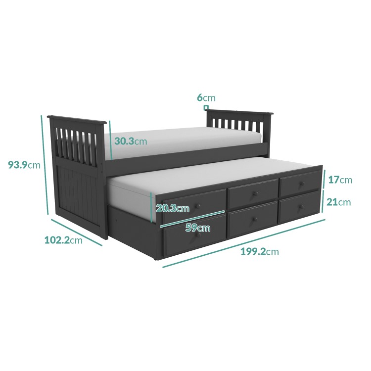 GRADE A2 - Oxford Captains Guest Bed with Storage in Dark Grey - Trundle Bed Included