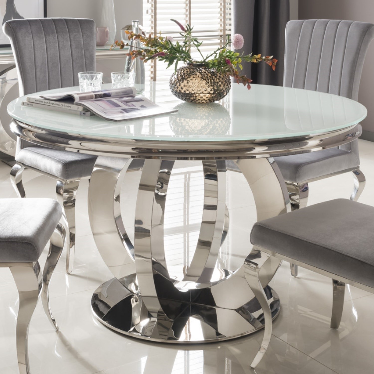 Orion Mirrored Round Dining Table With White Glass Top Vida Living Furniture123 Orion Mirrored Round Dining Table With White Glass Top Vida Living Furniture123