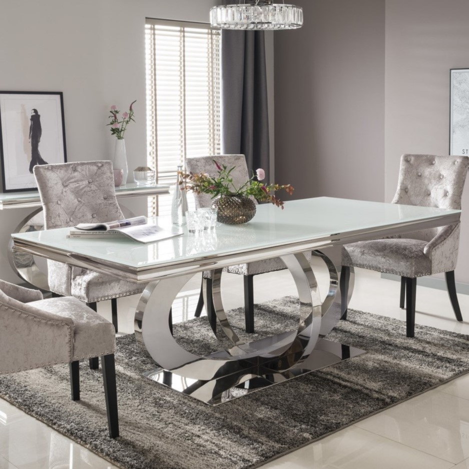 Orion Mirrored Rectangle Dining Table with White Glass Top 180cm - Vida