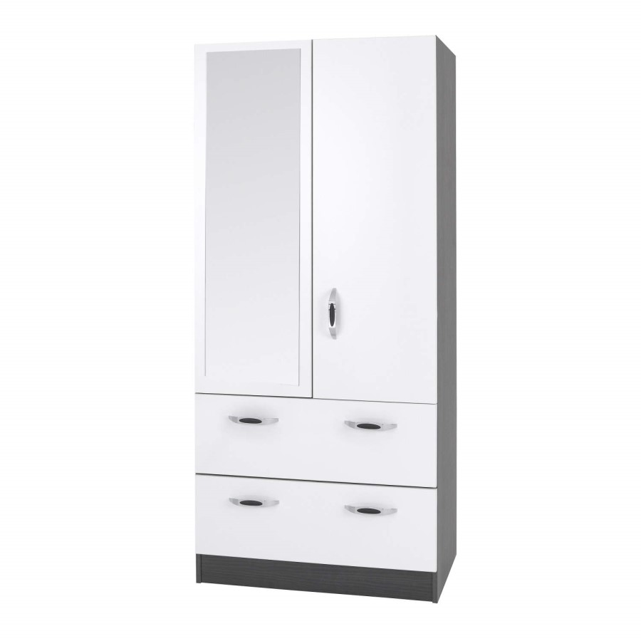 One Call Furniture Piano 2 Door Combi Mirror Wardrobe in Matt Black with White Gloss