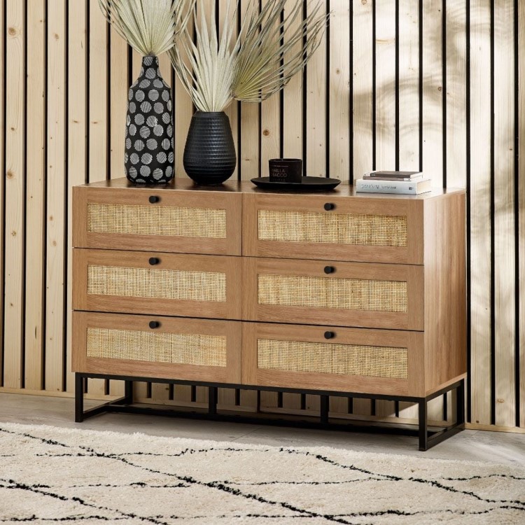 Wide Rattan Chest of 6 Drawers in Oak - Padstow - Julian Bowen