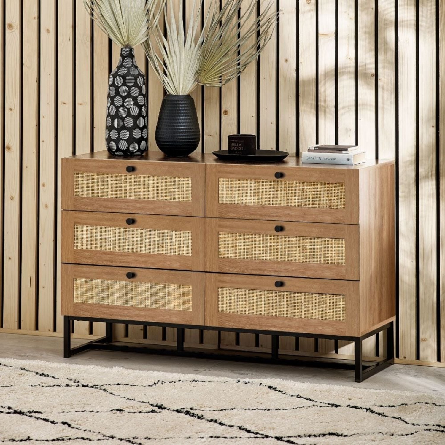 Wide Rattan Chest 6 Drawers Oak Padstow