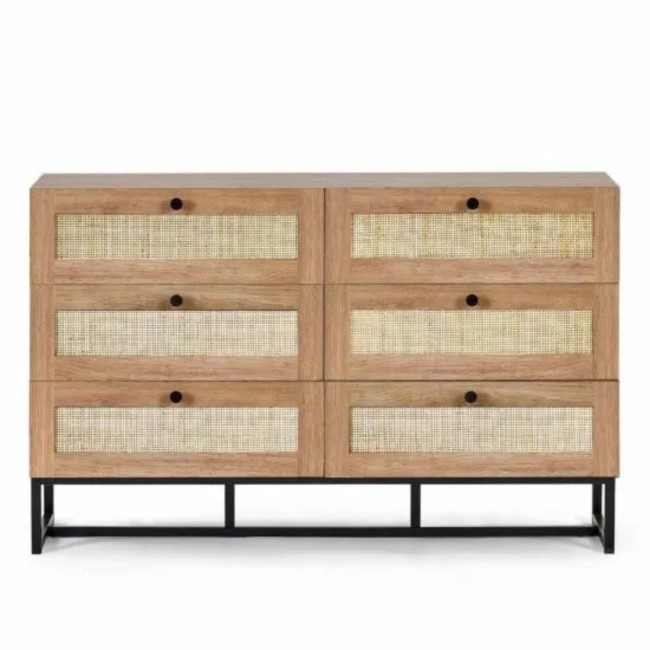 Wide Rattan Chest of 6 Drawers in Oak - Padstow - Julian Bowen