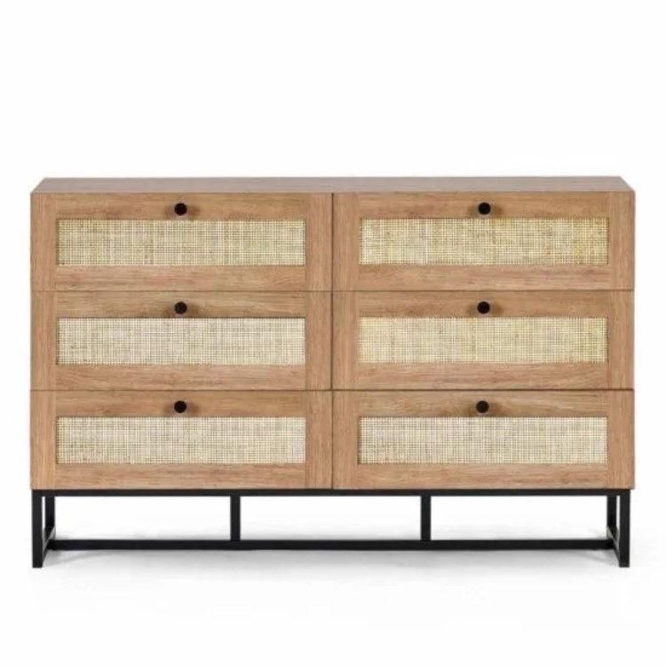 Wide Rattan Chest of 6 Drawers in Oak - Padstow - Julian Bowen