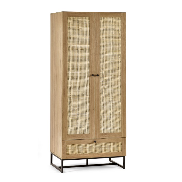 Rattan Rustic 2 Door Double Wardrobe with Drawer - Padstow - Julian Bowen