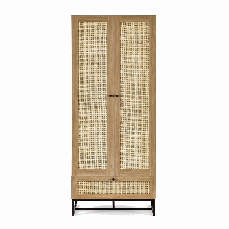 Rattan Rustic 2 Door Double Wardrobe with Drawer - Padstow - Julian Bowen