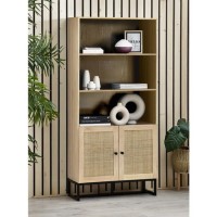 Tall Oak Bookcase with Rattan Doors - 3 Shelves - Padstow