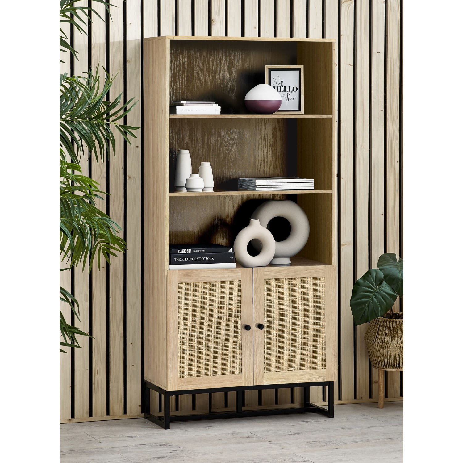 Photo of Tall oak bookcase with rattan doors - 3 shelves - padstow