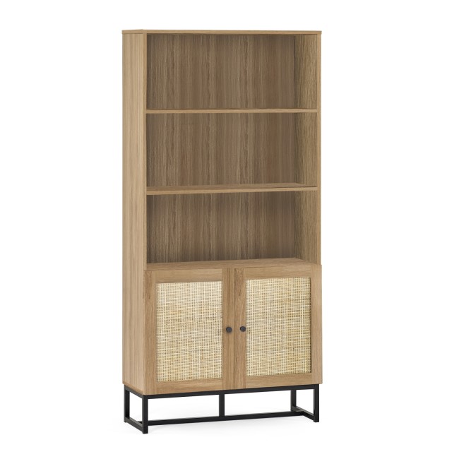 Tall Oak Bookcase with Rattan Doors - 3 Shelves - Padstow