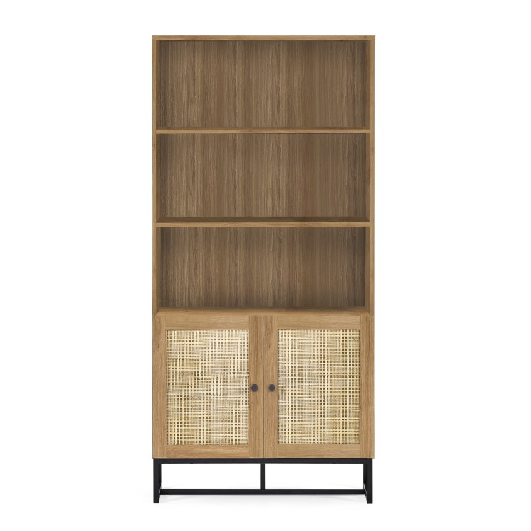 Tall Oak Bookcase with Rattan Doors - 3 Shelves - Padstow