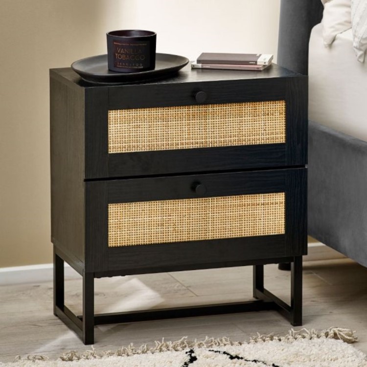 Black Rattan 2 Drawer Bedside Table - Padstow - Julian Bowen