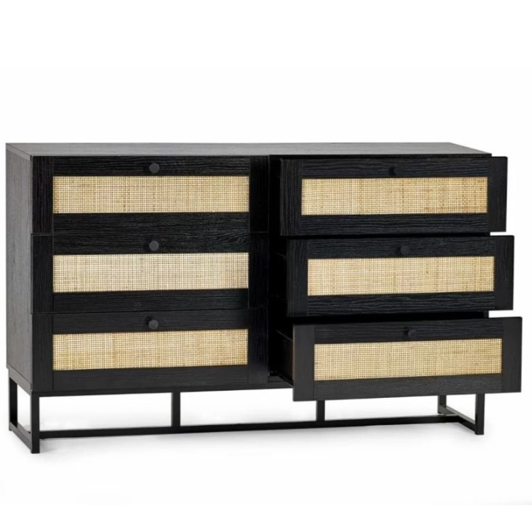 Black Rattan Wide Chest of 6 Drawers - Padstow - Julian Bowen