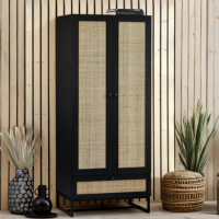 Black Rattan 2 Door Double Wardrobe with Drawer - Padstow - Julian Bowen