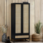 Black Rattan 2 Door Double Wardrobe with Drawer - Padstow - Julian Bowen