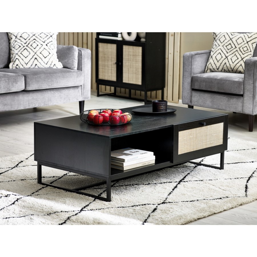 GRADE A1 - Large Black Coffee Table with Rattan Drawer - Padstow