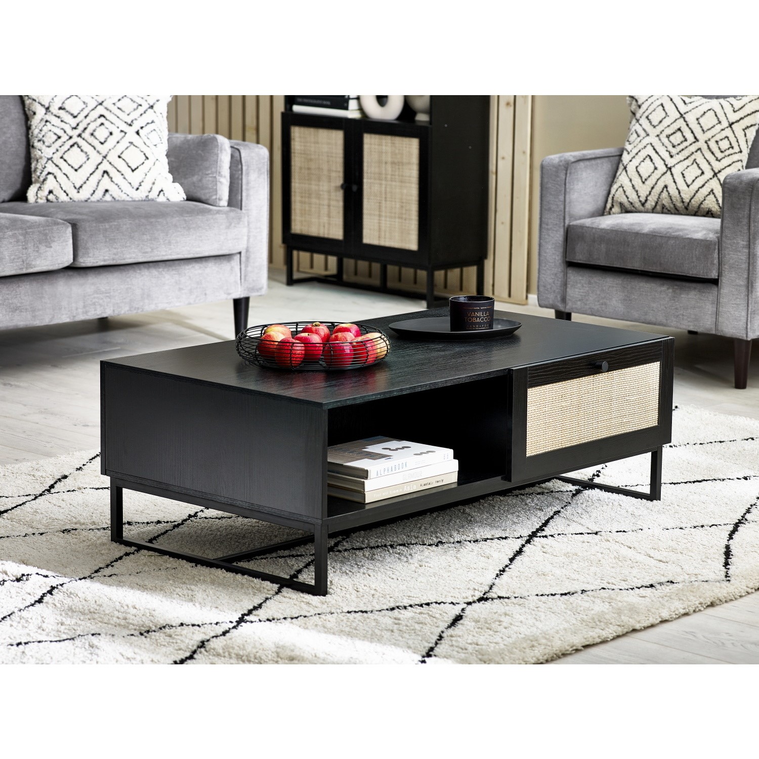 Photo of Large black coffee table with rattan drawer - padstow
