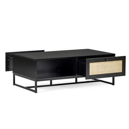 GRADE A1 - Large Black Coffee Table with Rattan Drawer - Padstow