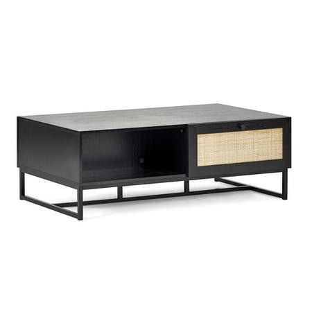 GRADE A1 - Large Black Coffee Table with Rattan Drawer - Padstow