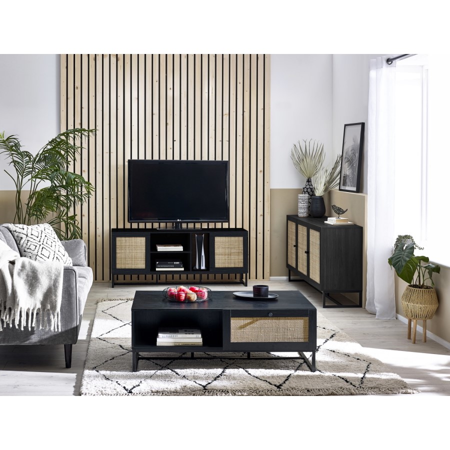 GRADE A1 - Large Black Coffee Table with Rattan Drawer - Padstow