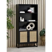 Tall Black Bookcase with Rattan Drawers - 3 Shelves - Padstow