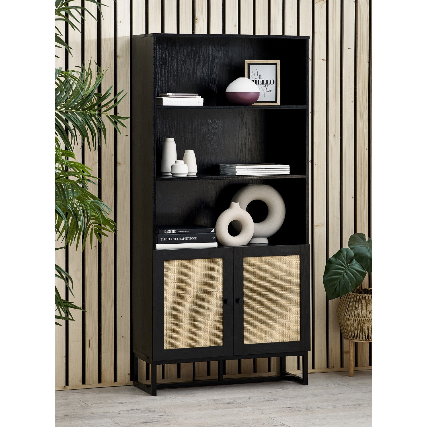 Photo of Tall black bookcase with rattan drawers - 3 shelves - padstow
