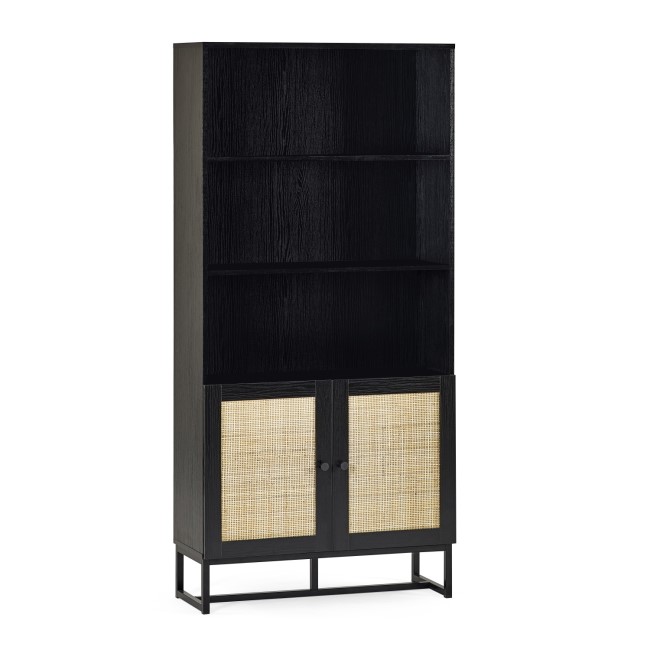 Tall Black Bookcase with Rattan Drawers - 3 Shelves - Padstow