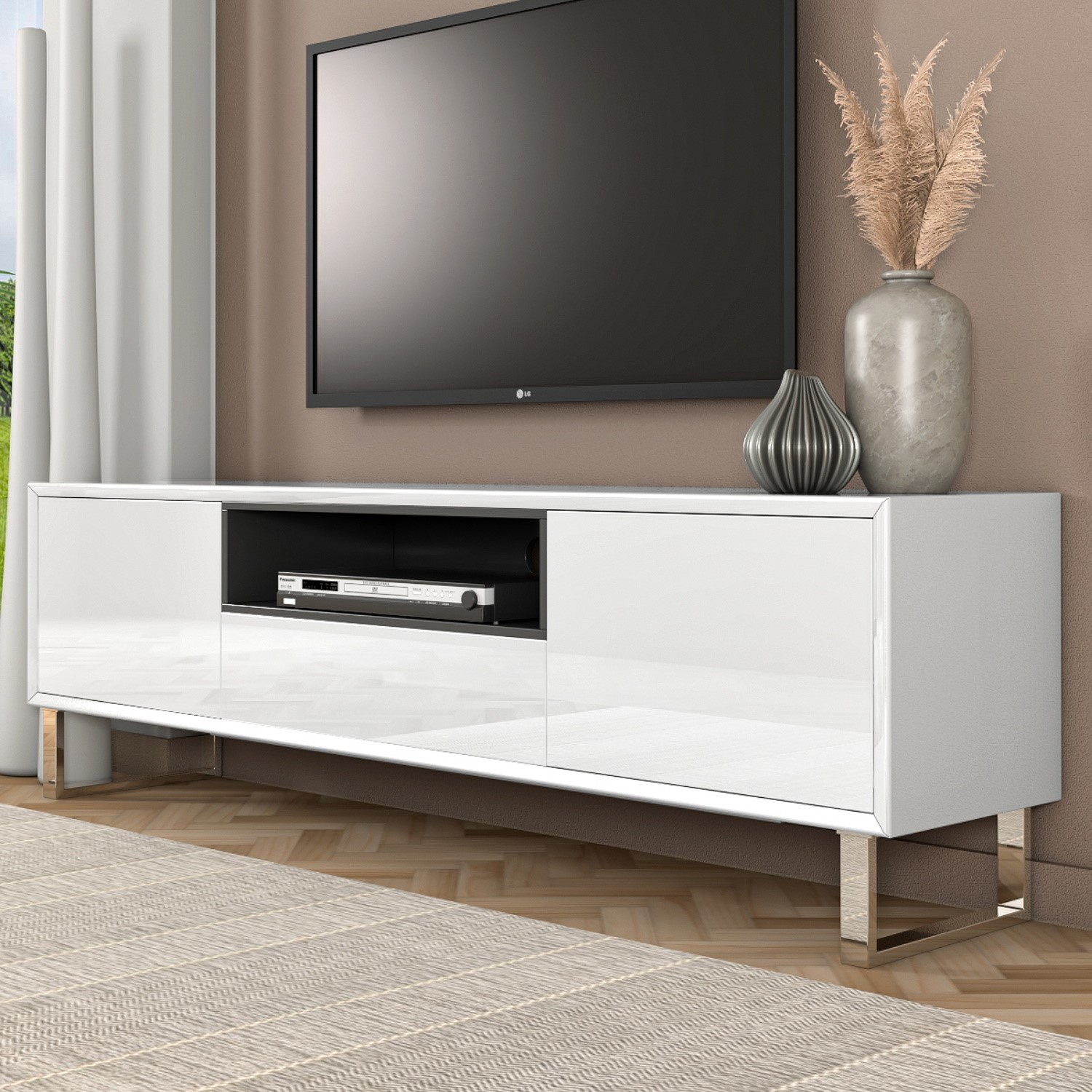 Photo of Wide white gloss tv stand with storage - tvs up to 77 - paloma