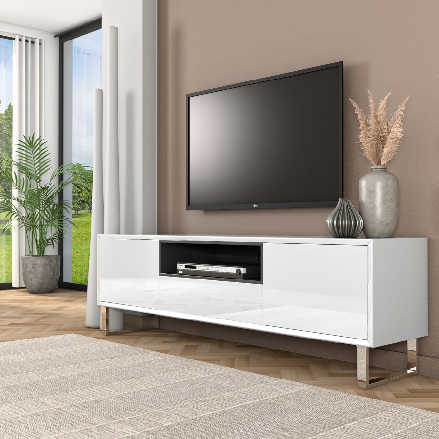 GRADE A1 - Large White Gloss TV Unit with Storage - TV's up to 77" - Paloma