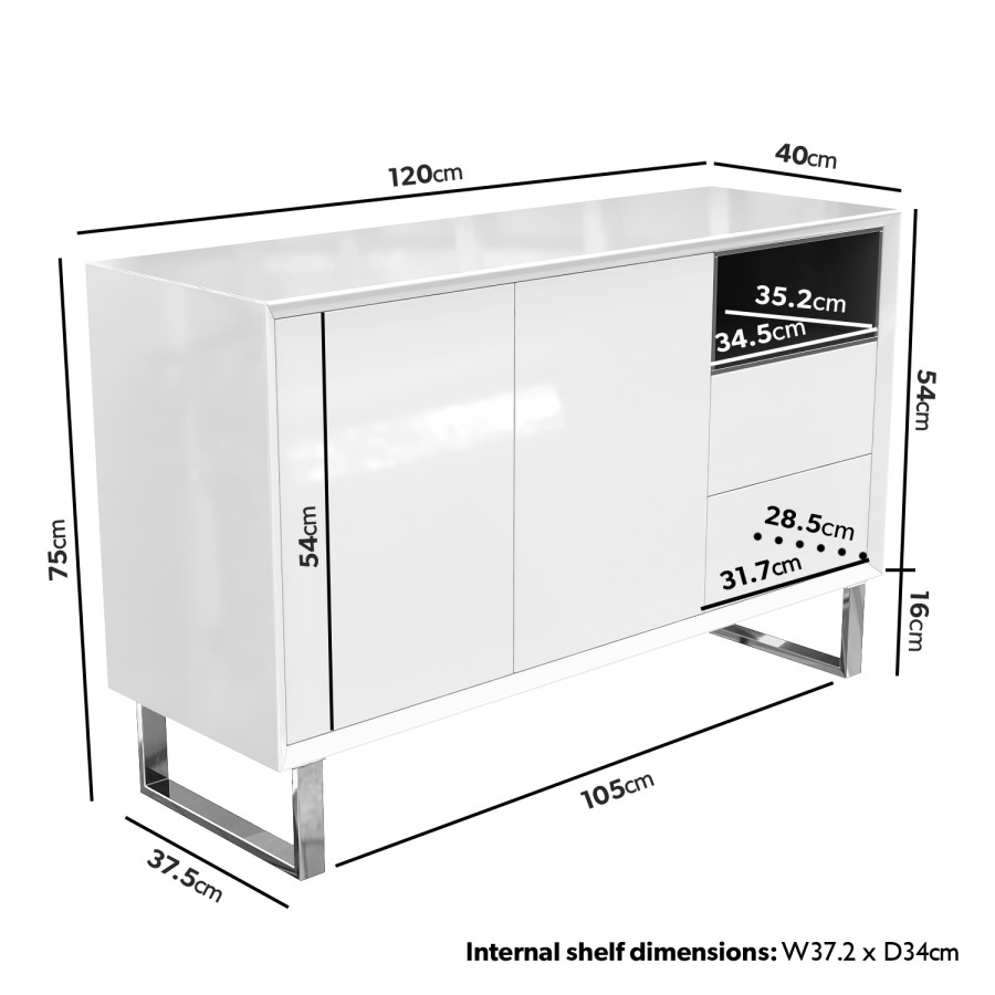 Large White Gloss Sideboard with Drawers - Paloma